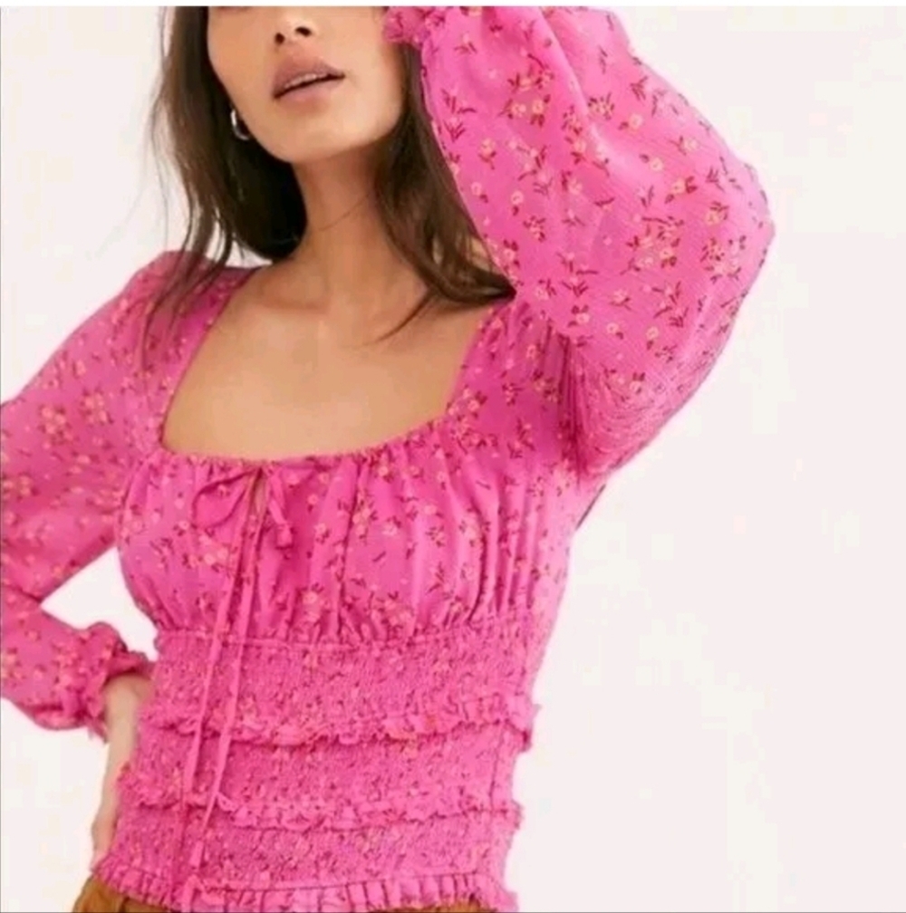 Free People Lolita Smocked Peasant Top Pink Floral Square Neck Cottage Boho Sm